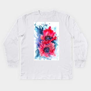 Pink Poppy flowers Watercolor Painting Kids Long Sleeve T-Shirt